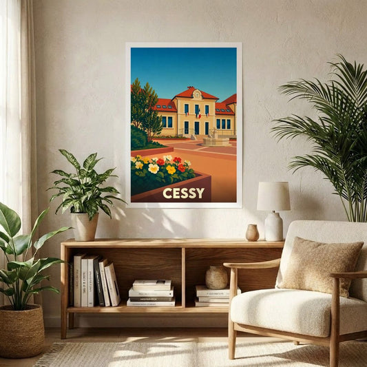 Affiche souvenir de la ville de Cessy avec une illustration stylisée et colorée de son hôtel de ville.