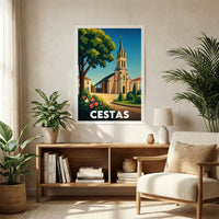 Affiche souvenir de la ville de Cestas avec une illustration stylisée de son église.