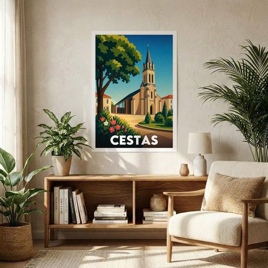 Affiche souvenir de la ville de Cestas avec une illustration stylisée de son église.