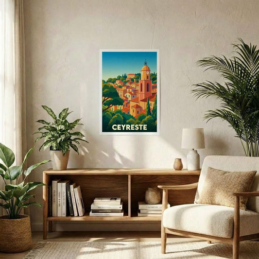 Affiche souvenir de la ville de Ceyreste avec une illustration stylisée et colorée de ses toits provençaux.