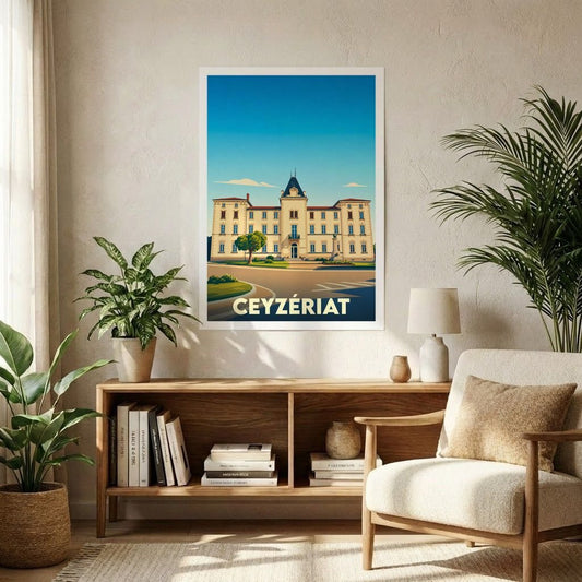 Affiche souvenir de la ville de Ceyzériat présentant une illustration stylisée de son architecture emblématique.