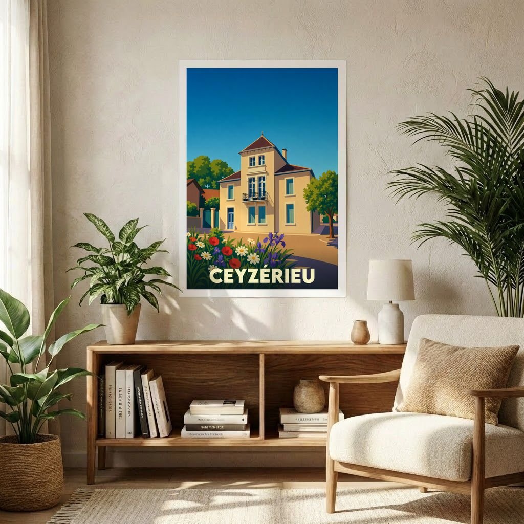 Affiche souvenir de la ville de Ceyzérieu illustrant une maison traditionnelle sous un ciel bleu.