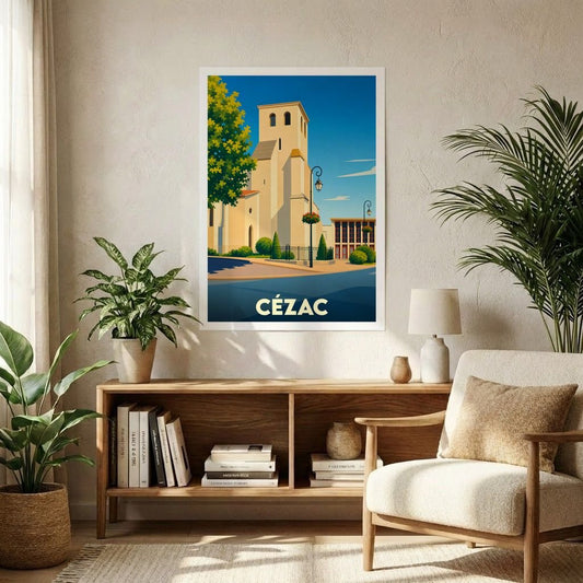 Affiche souvenir de la ville de Cézac avec une illustration stylisée de son église sous un ciel bleu.