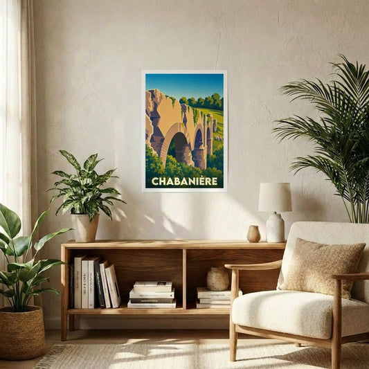 Affiche souvenir de la ville de Chabanière représentant les arches d'un aqueduc dans un style graphique rétro.