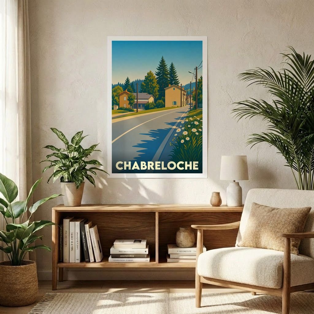 Affiche souvenir de la ville de Chabreloche présentant une illustration stylisée d'une route de campagne bordée de maisons et de sapins.