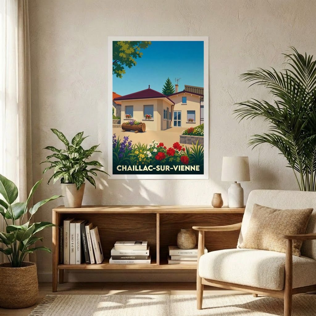 Affiche souvenir de la ville de Chaillac-sur-Vienne avec une illustration stylisée d'une maison fleurie.
