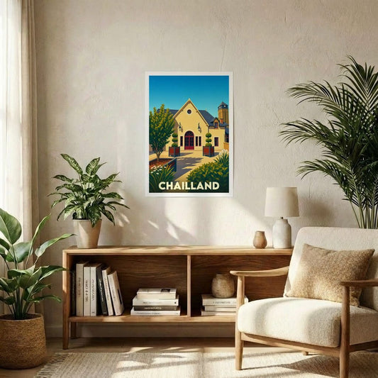 Affiche souvenir de la ville de Chailland avec une illustration stylisée d'un bâtiment remarquable entouré de verdure.