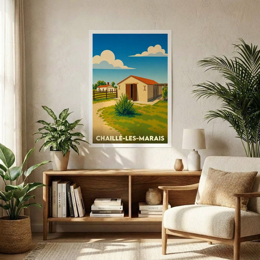 Affiche souvenir de la ville de Chaillé-les-Marais avec une illustration stylisée d'un paysage rural.