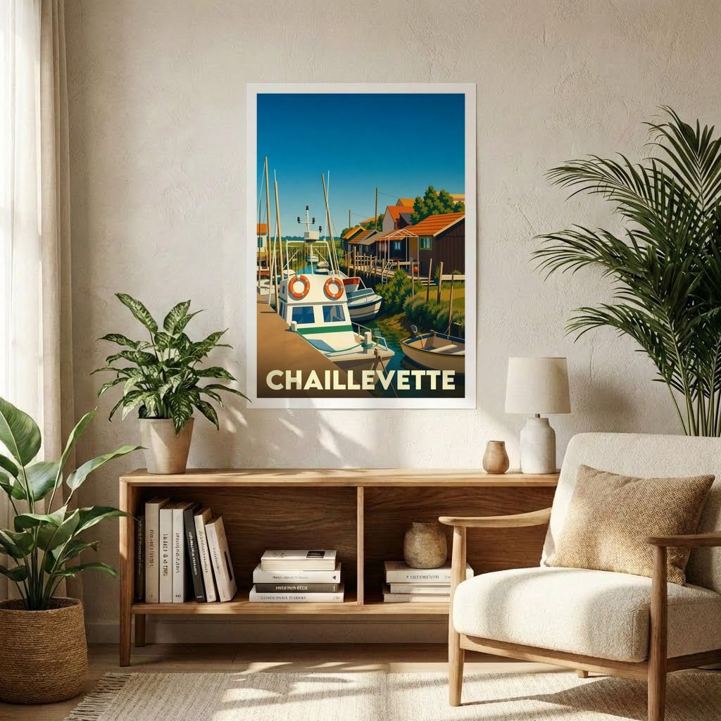 Affiche souvenir de la ville de Chaillevette avec une illustration stylisée d'un port de pêche pittoresque.