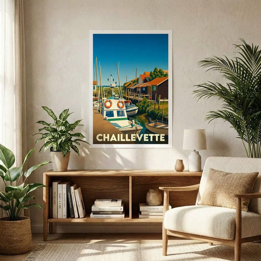 Affiche souvenir de la ville de Chaillevette avec une illustration stylisée d'un port de pêche pittoresque.