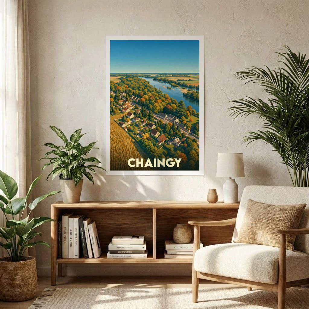 Affiche souvenir de la ville de Chaingy présentant une vue aérienne illustrée des paysages de la Loire.