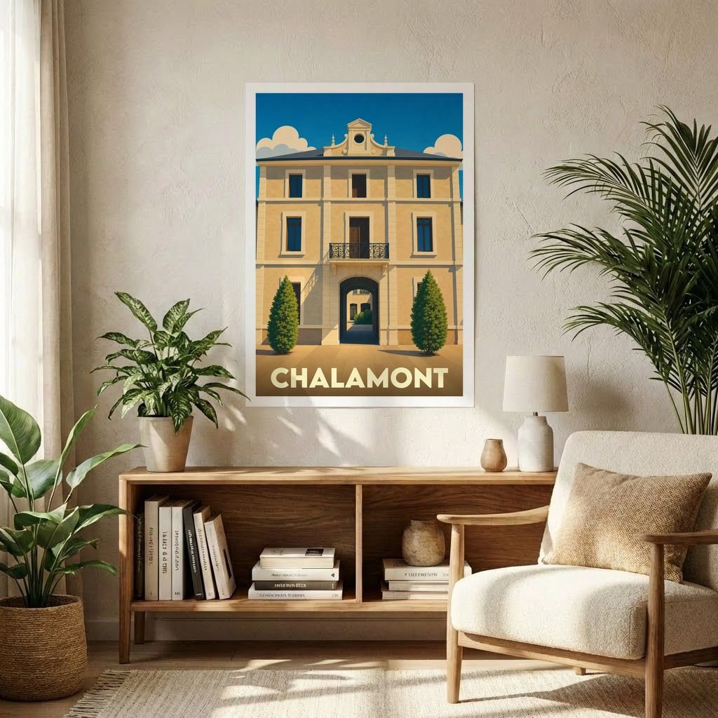 Affiche souvenir de la ville de Chalamont avec une illustration stylisée de son architecture.