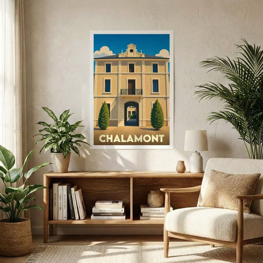 Affiche souvenir de la ville de Chalamont avec une illustration stylisée de son architecture.