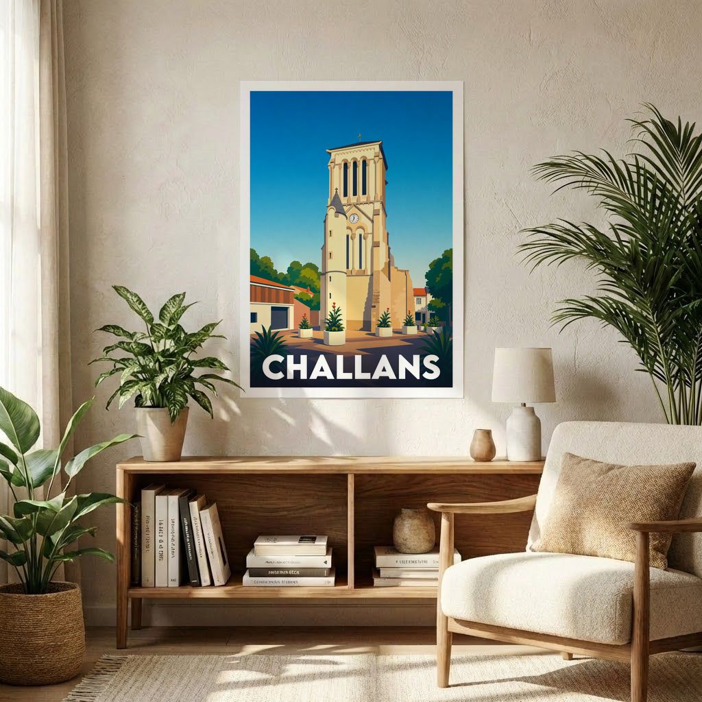 Affiche souvenir de la ville de Challans avec une illustration stylisée.
