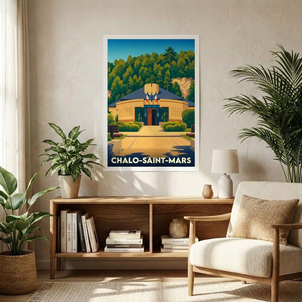 Affiche souvenir de la ville de Chalo-Saint-Mars avec une illustration stylisée de son hôtel de ville.