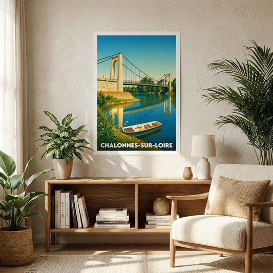 Affiche souvenir de la ville de Chalonnes-sur-Loire avec une illustration stylisée de son pont suspendu et d'une barque sur la Loire.
