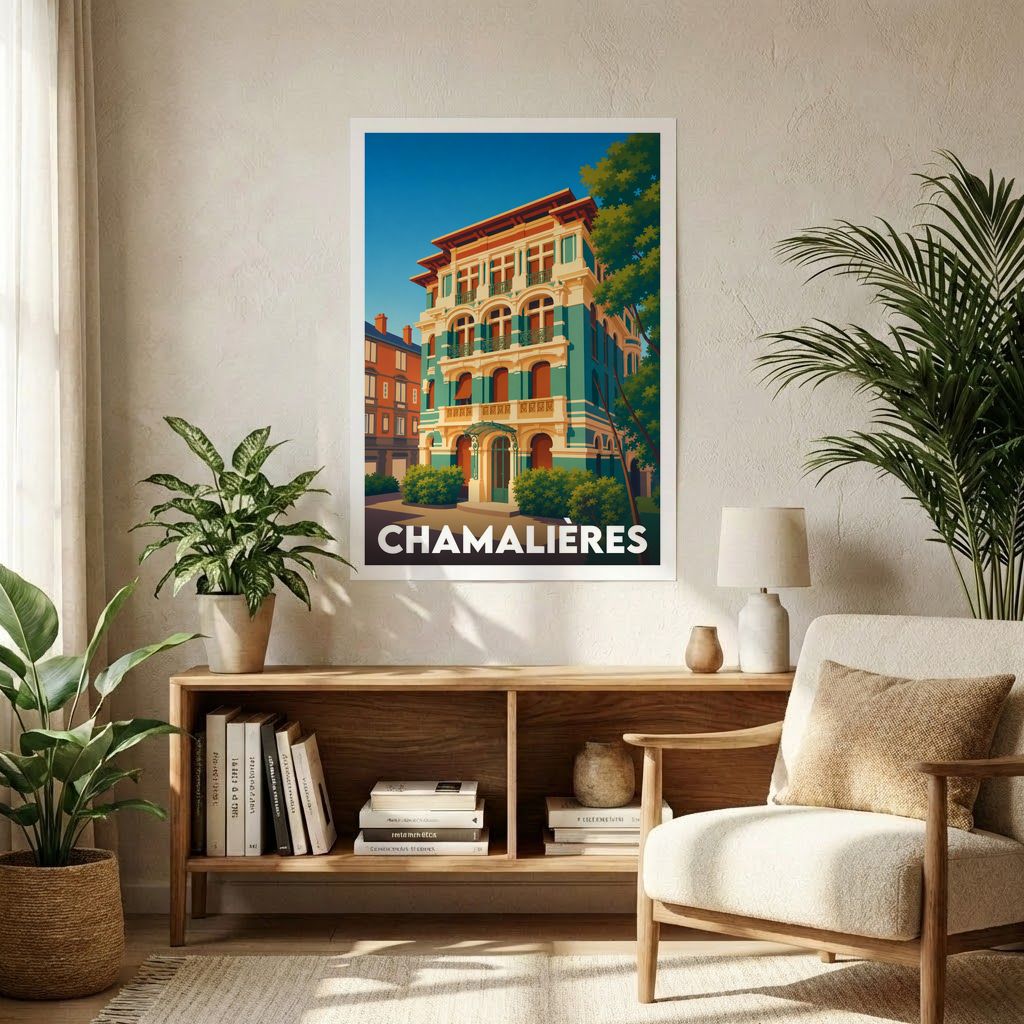 Affiche souvenir de la ville de Chamalières avec une illustration stylisée.