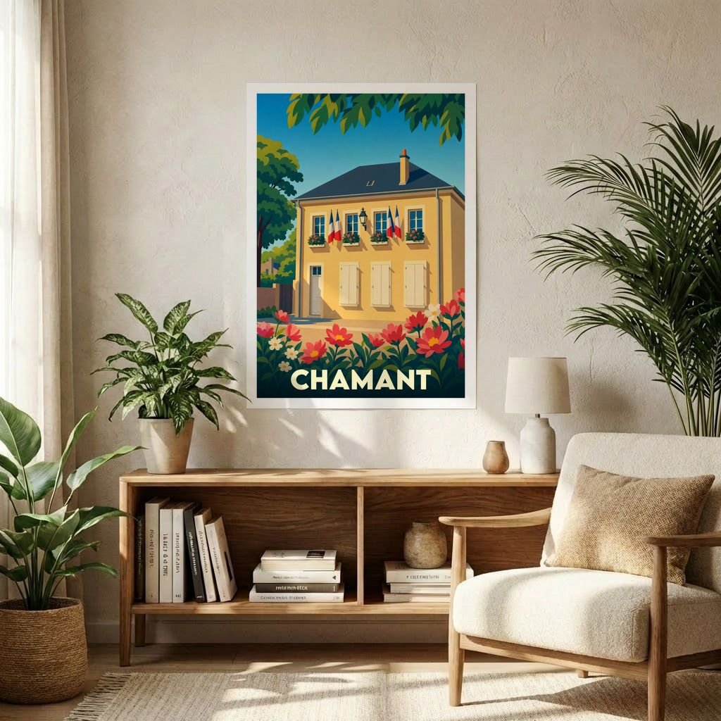 Affiche souvenir de la ville de Chamant représentant une bâtisse traditionnelle fleurie dans un style graphique épuré.