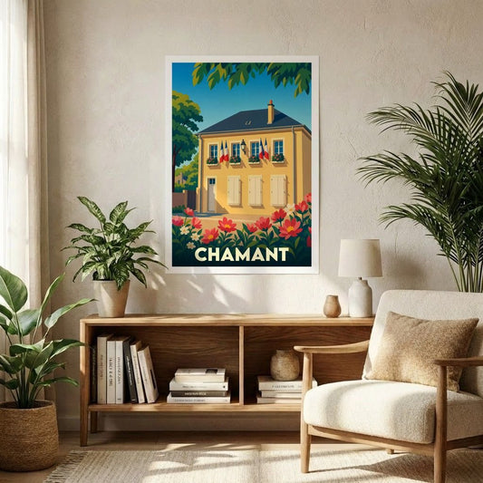 Affiche souvenir de la ville de Chamant représentant une bâtisse traditionnelle fleurie dans un style graphique épuré.