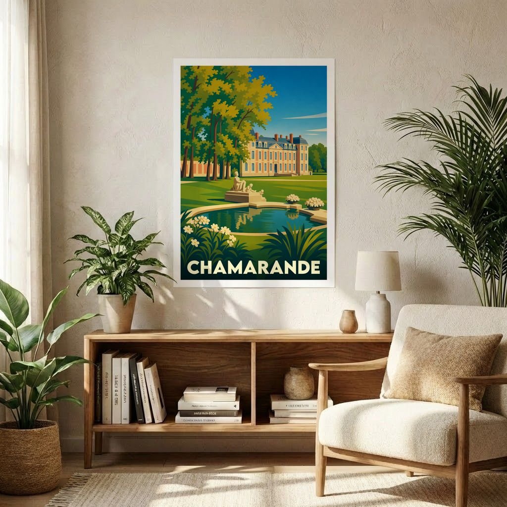 Affiche souvenir de la ville de Chamarande illustrant son château et ses jardins dans un style rétro.