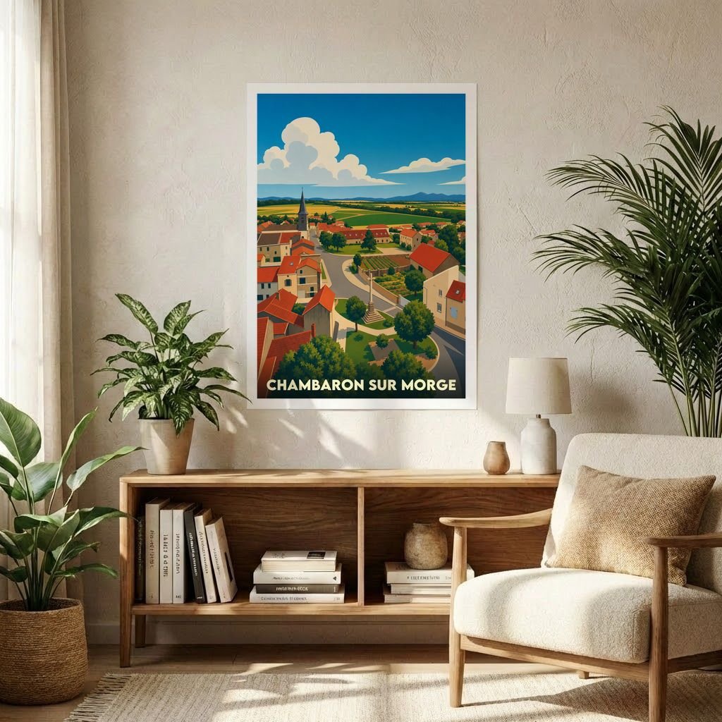 Affiche souvenir de la ville de Chambaron-sur-Morge avec une illustration stylisée d'un paysage urbain champêtre.