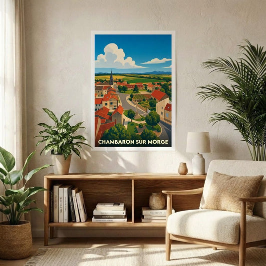 Affiche souvenir de la ville de Chambaron-sur-Morge avec une illustration stylisée d'un paysage urbain champêtre.