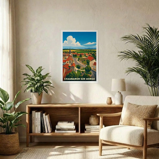 Affiche souvenir de la ville de Chambaron-sur-Morge avec une illustration stylisée d'un paysage rural.