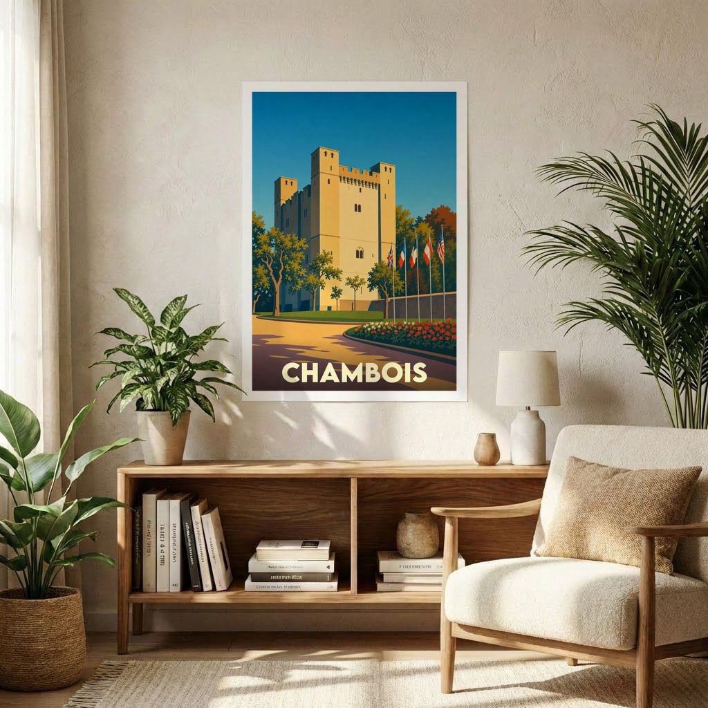 Affiche souvenir de la ville de Chambois illustrant son donjon historique dans un style graphique rétro.