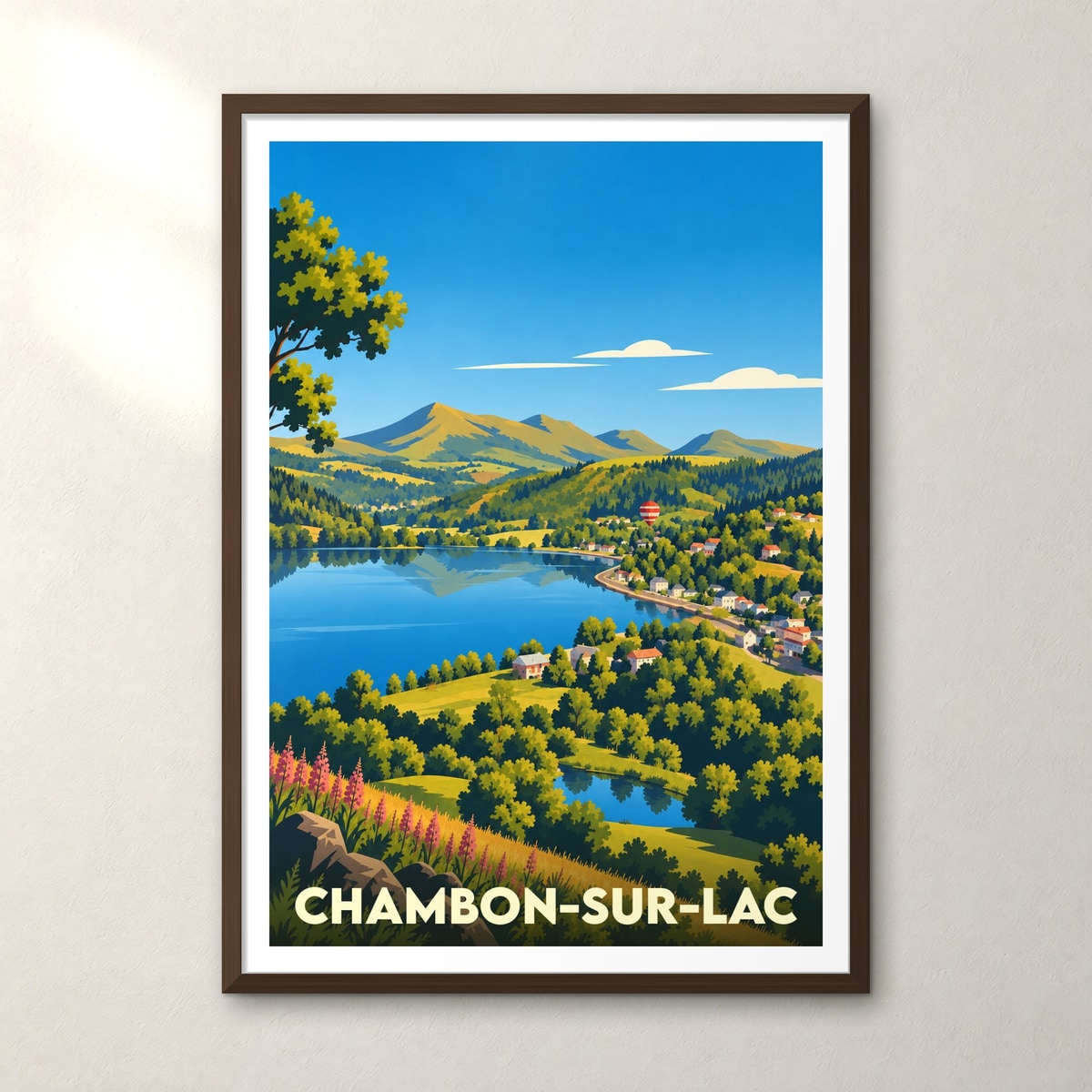 Affiche souvenir de la ville de Chambon-sur-Lac avec une illustration stylisée d'un paysage de lac et de montagnes.