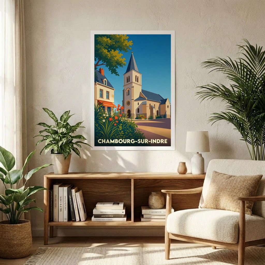 Affiche souvenir de la ville de Chambourg-sur-Indre présentant une illustration stylisée de son église et de son architecture locale.
