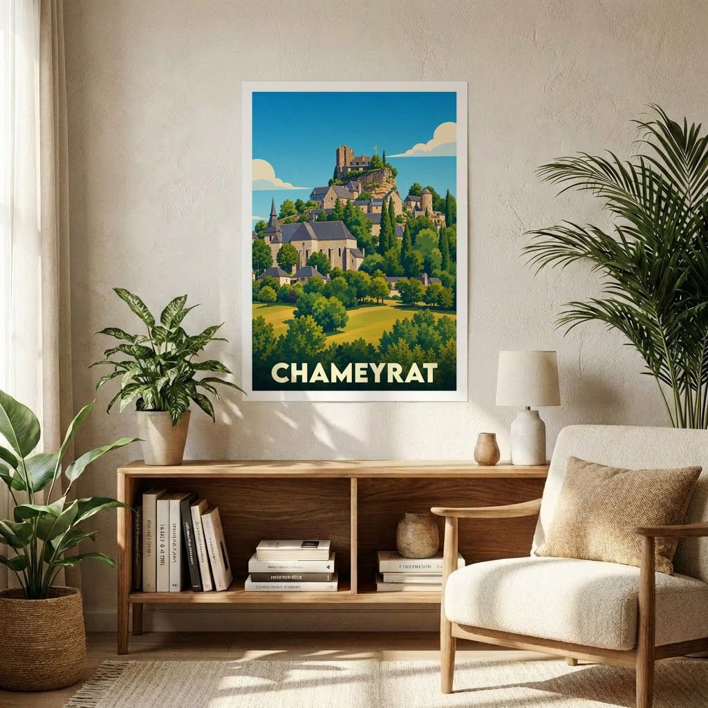 Affiche souvenir de la ville de Chameyrat avec une illustration stylisée d'un village perché.