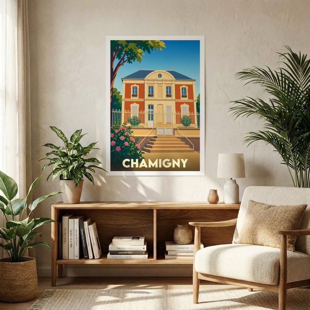 Affiche souvenir de la ville de Chamigny avec une illustration stylisée d'une demeure classique.