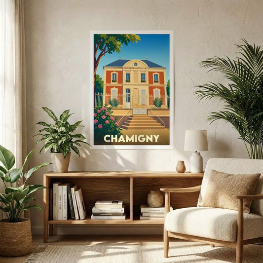 Affiche souvenir de la ville de Chamigny avec une illustration stylisée d'une demeure classique.
