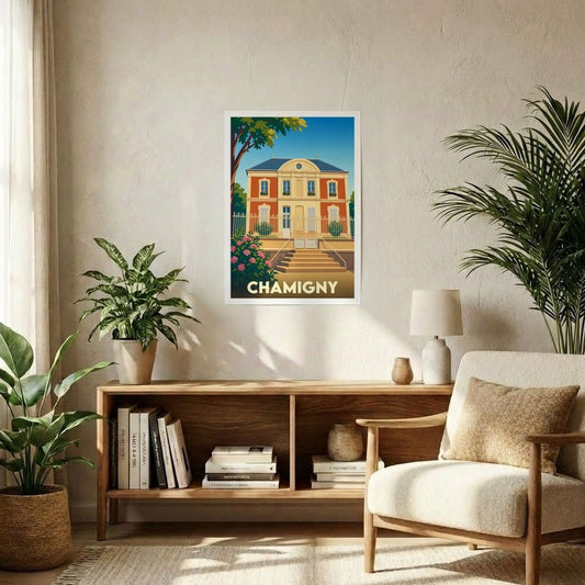 Affiche souvenir de la ville de Chamigny avec une illustration stylisée d'une demeure bourgeoise.