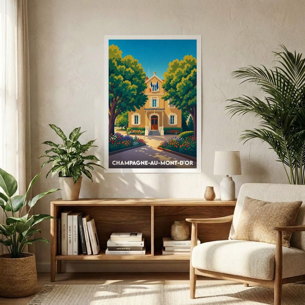 Affiche souvenir de la ville de Champagne-au-Mont-d'Or représentant une illustration stylisée de son hôtel de ville fleuri.