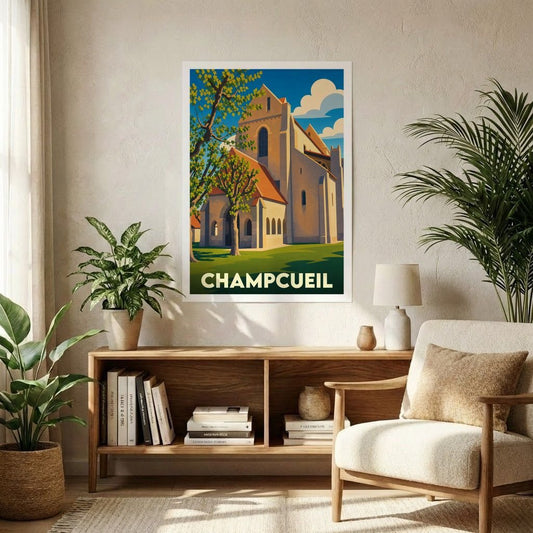 Affiche souvenir de la ville de Champcueil avec une illustration stylisée de son église.