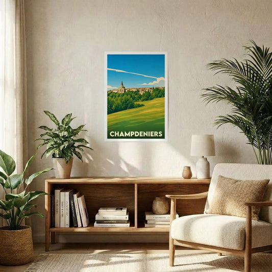 Affiche souvenir de la ville de Champdeniers représentant un paysage champêtre et son église dans un style graphique rétro.