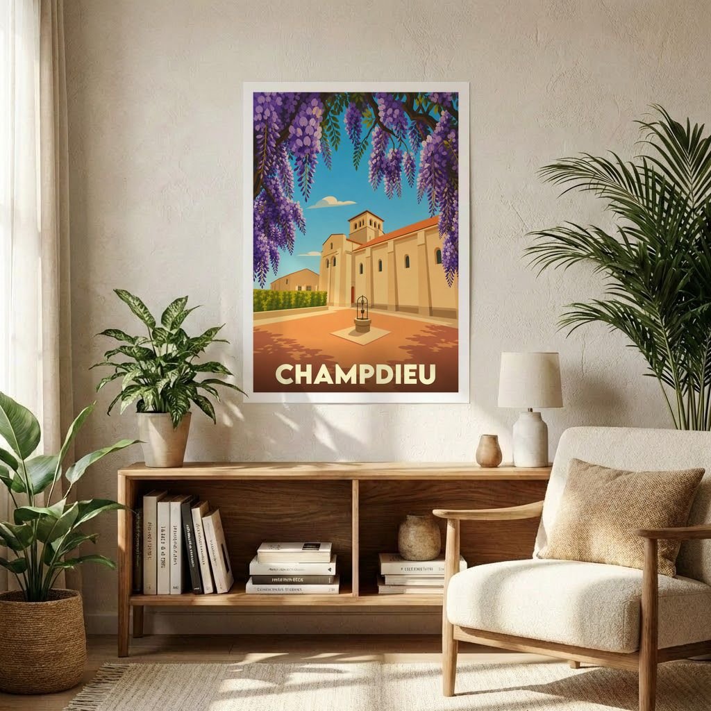 Affiche souvenir de la ville de Champdieu avec une illustration stylisée et colorée de son patrimoine.
