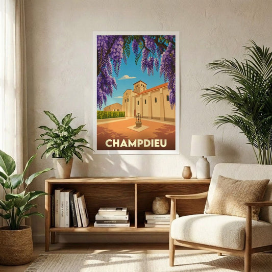 Affiche souvenir de la ville de Champdieu avec une illustration stylisée et colorée de son patrimoine.