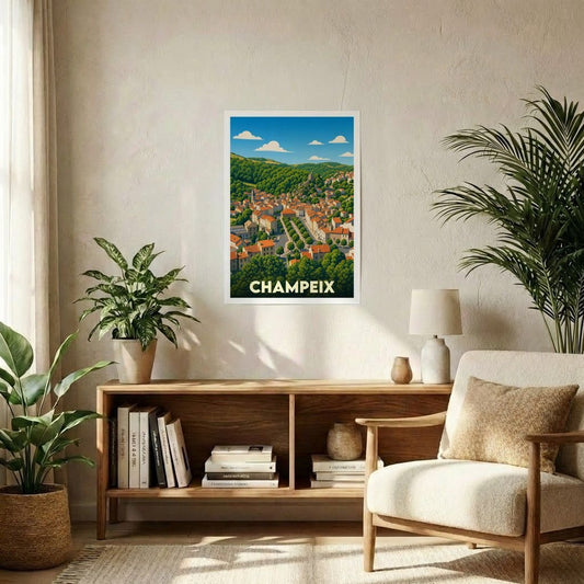 Affiche souvenir de la ville de Champeix présentant une illustration stylisée et colorée de la commune.