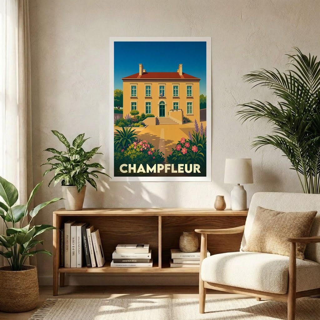 Affiche souvenir de la ville de Champfleur avec une illustration stylisée d'une bastide provençale et de son jardin fleuri.