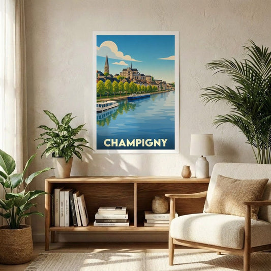Affiche souvenir de la ville de Champigny avec une illustration stylisée d'un paysage fluvial urbain.