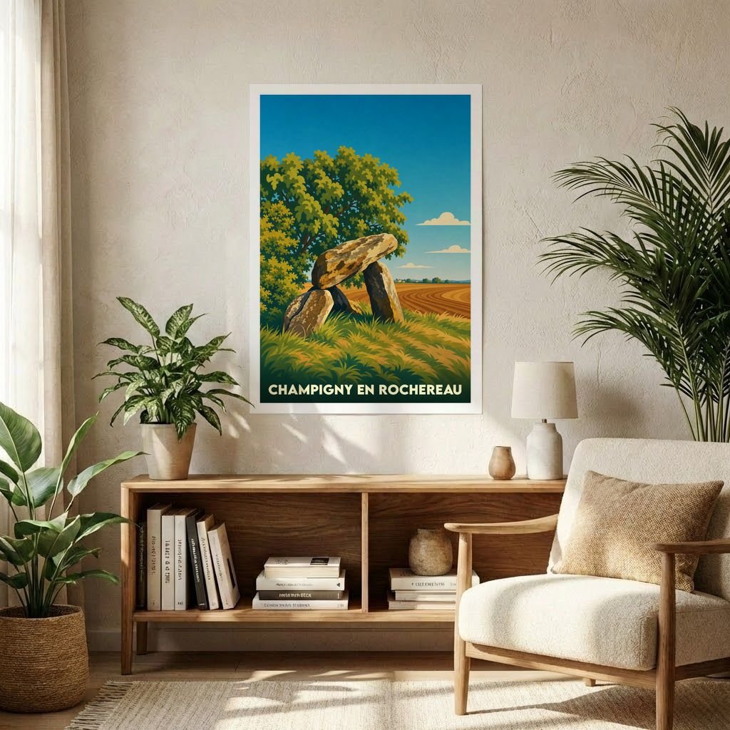 Affiche souvenir de la ville de Champigny en Rochereau avec une illustration stylisée d'un dolmen dans un paysage champêtre.