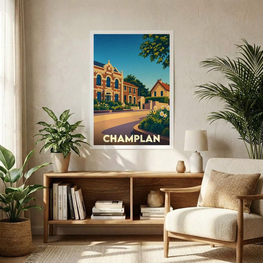 Affiche souvenir de la ville de Champlan avec une illustration stylisée d'un paysage urbain ensoleillé.