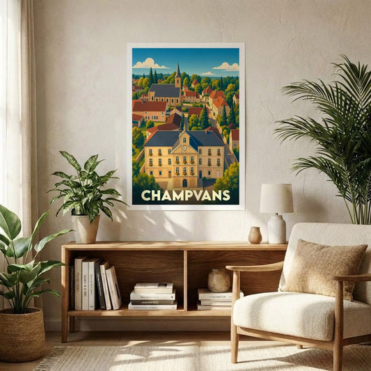 Affiche souvenir de la ville de Champvans présentant une illustration stylisée et colorée du village.
