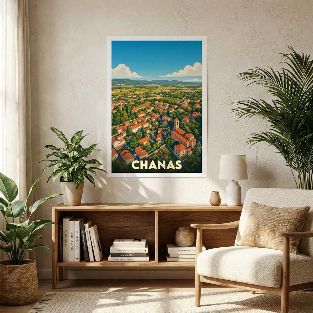 Affiche souvenir de la ville de Chanas avec une illustration stylisée d'un paysage urbain.