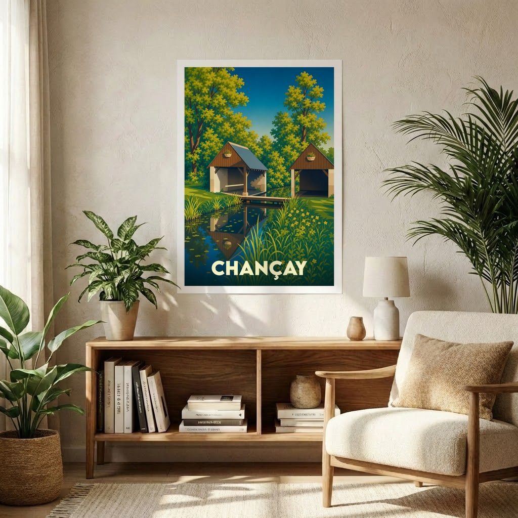 Affiche souvenir de la ville de Chançay illustrant deux lavoirs traditionnels au bord de l'eau dans un style rétro et coloré.