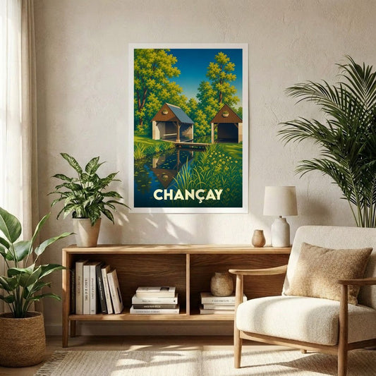 Affiche souvenir de la ville de Chançay illustrant deux lavoirs traditionnels au bord de l'eau dans un style rétro et coloré.