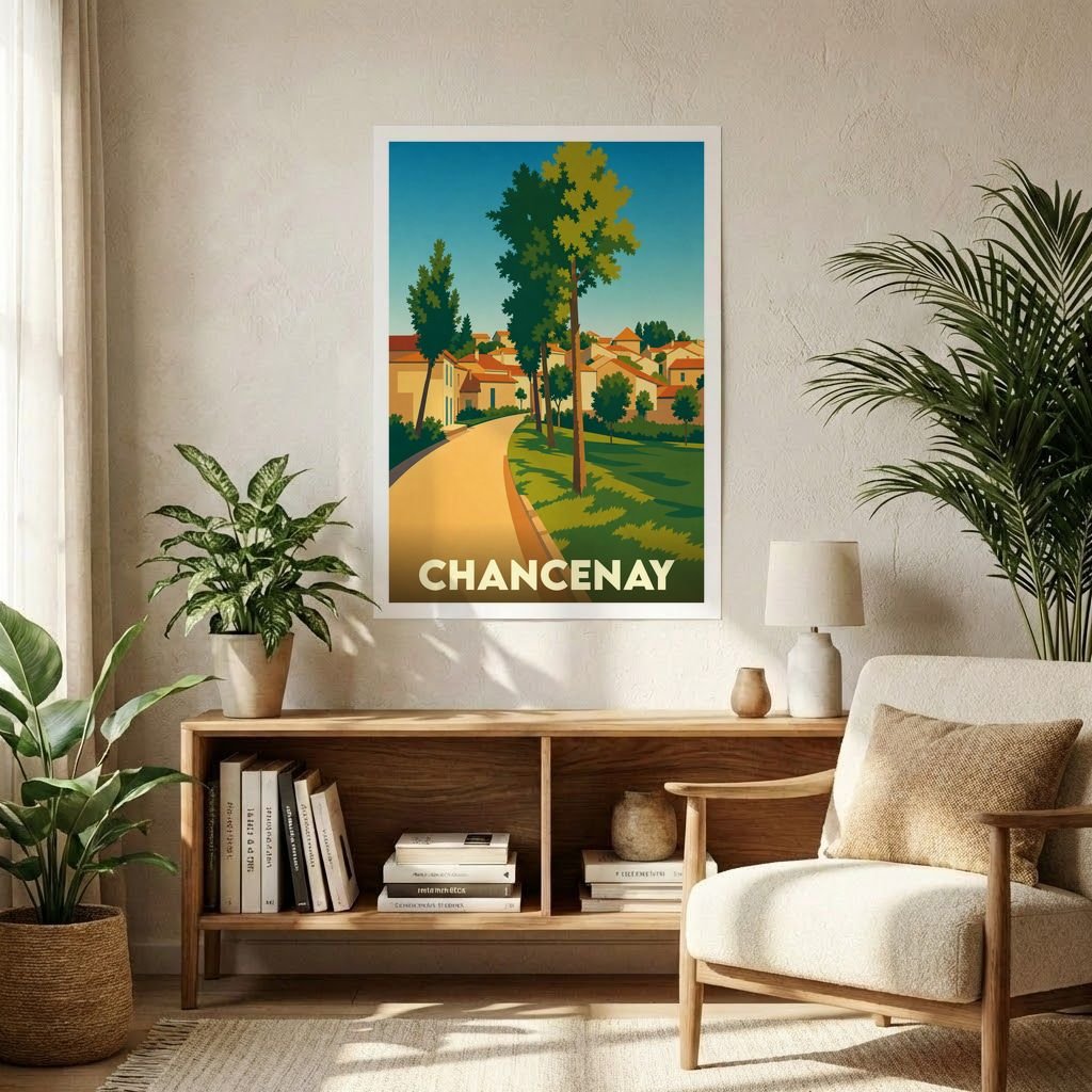 Affiche souvenir de la ville de Chancenay avec une illustration stylisée et colorée.