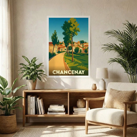 Affiche souvenir de la ville de Chancenay avec une illustration stylisée et colorée.